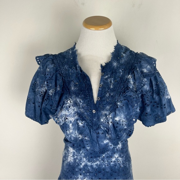 LoveShackFancy Fritzi Ruffle Eyelet Lace Mini Dress Midnight Tie Dye Blue Size 4 - Picture 4 of 9